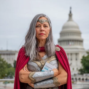 Illustrate a rralistic photo featuring a powerful plus-size woma...