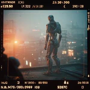 "A wide cinematic shot from a live-action 1990s sci-fi movie. Fr...