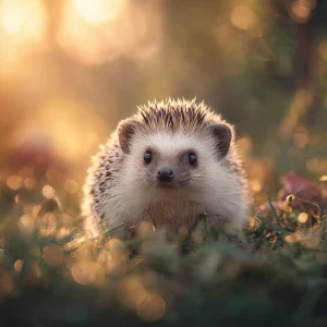 ultra-cute baby hedgehog sitting in soft woodland grass at golde...