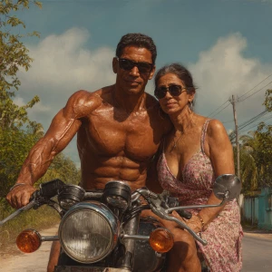 Hyperrealism ,oil painting.a muscular sweaty indian  man on moto...