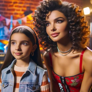 In the image a popstar with beautiful face and body with curly h...