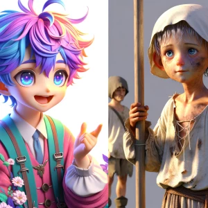 Poor peasant holding a pole and standing filthy clothes amime st...