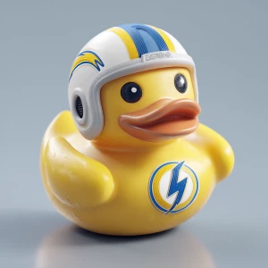 Create a dynamic 3D image of a playful rubber duck sporting a fo...