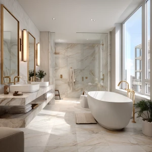 Generate an ultra-realistic image of a luxurious main bathroom l...