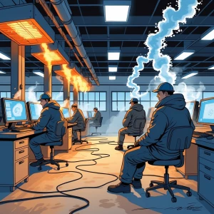 Karikatur in deutsch. In einer Werkshalle mit Computer-Arbeitspl...