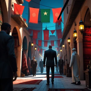 Hitman stealth mission in Marrakesh Morocco bazaar, narrow alley...