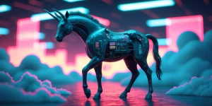 A glitchy provocative centaur, its form flickering in and out of...