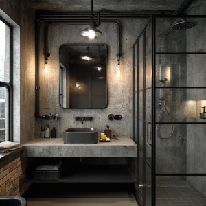 Create an image of a small industrial bathroom featuring concret...