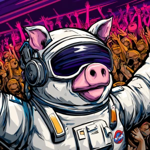 Cute cartoon pig in vintage white spacesuit and NASA style helme...