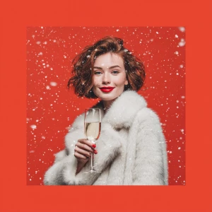 A woman standing on a vibrant red square, holding a sparkling gl...