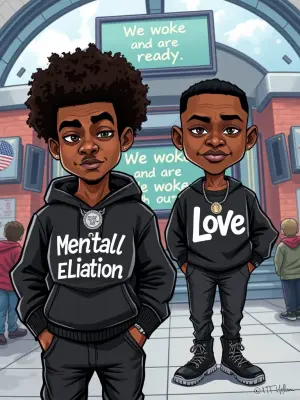 Create a photorealistic cartoon-style caricature featuring two s...