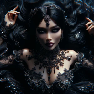 A mesmerizing glam-goth siren emerges from darkness, her ebony h...