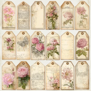 Print-ready vintage ephemera sheet with a coordinated set of sha...