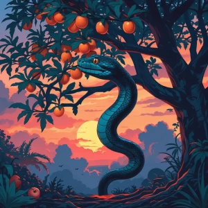 Eva en el paraiso agarrando una manzana que le da una serpiente...