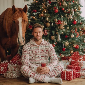 man sitting near Christmas tree looking into the camera in Chris...