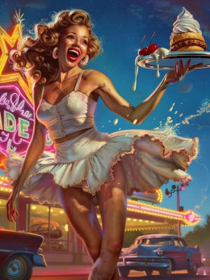 1950s retro pin-up illustration, glamorous roller-skate waitress...