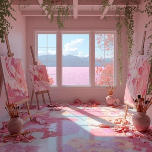 In the serene Pinkmist Atelier art studio, immersed in a vibrant...