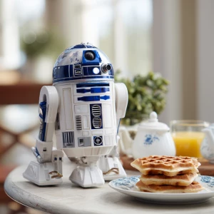 Create an image of R2D2 positioned on a breakfast table next to...
