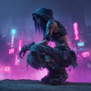 Create an image of a cyberpunk-style witch with futuristic cloth...