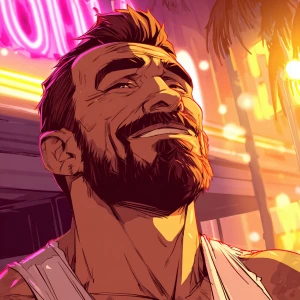 White muscular thin man with beard, big chin, smile and cheekbon...