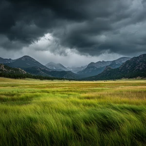 Cinematic 16:9 wide shot of Rocky Mountain meadow in the spring...