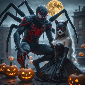 Depict Spider-Man transformed into a monstrous Man-Spider on a g...