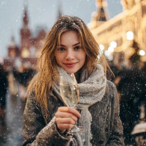 A woman standing on Moscow Red square, holding a sparkling glass...
