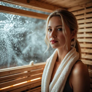 girl walking into sauna