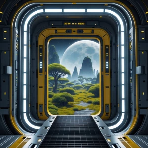 Create an image showing a rectangular metallic spaceship exit do...