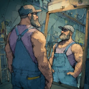 Generate an image of a muscular and hairy handyman without a shi...