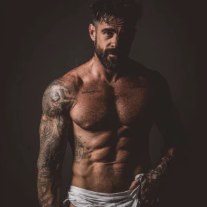 A muscular bodybuilder with a deep tan, dark hair, thick beard,...