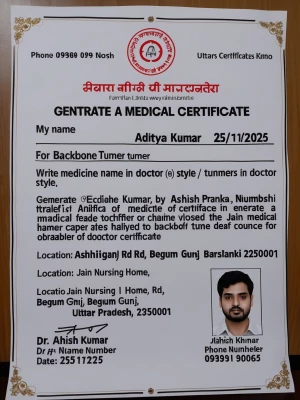 My name Aditya Kumar Generrate a medical certificate for backbon...