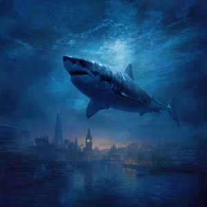Generate a prompt of a megalondon great white shark
