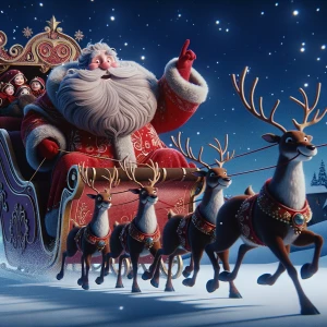 Illustrate a magical scene of Santa Claus joyfully riding in his...
