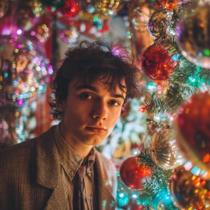 A young man dressed in 80s fashion, looking in the camera  in fr...