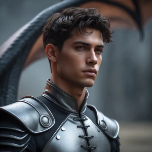 A tall young man with warm bronzed skin, short tight dark curls,...