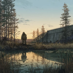 A humanoid looking hair covered sasquatch standing by a dam next...