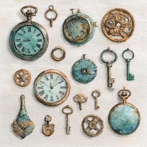 Prompt: Pocket-watch bezels, small gears, keys—flat watercolor o...