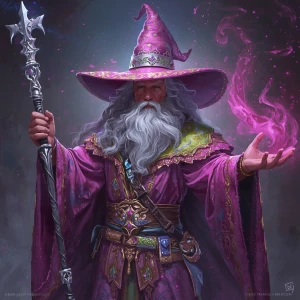 In a spellbinding tableau, a resplendent sorcerer exudes an aura...