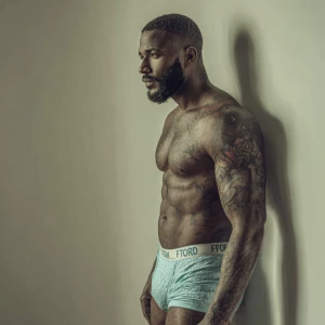 Generate an image of a strong man with a short, dark haircut and...