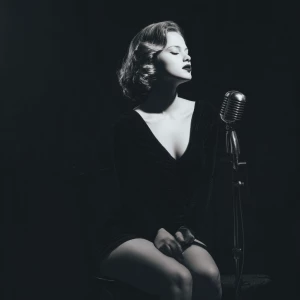 An beautiful womanis seated before a microphone
