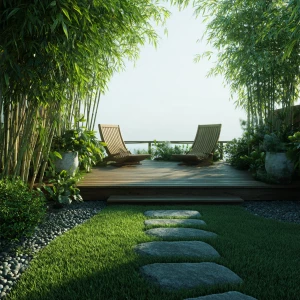 Create a serene Japanese-inspired garden with lush green grass c...
