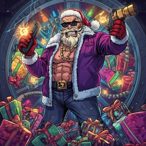 cartoon GTA-style Christmas chaos scene, muscular Santa Claus in...