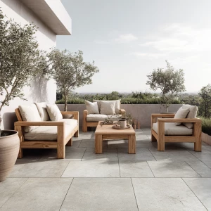 Create a minimalist Scandinavian-style outdoor setting featuring...