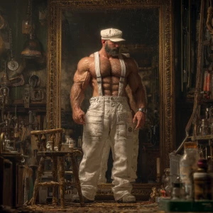 Generate an image of a muscular and hairyhandyman without a shir...