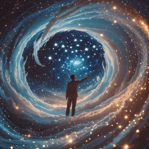 A swirling cosmic whirlwind of shimmering memories envelops a so...