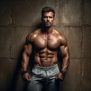 A shirtless man is depicted indoors, showcasing his muscular bui...