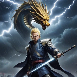 Create an image of Zenitsu Agatsuma standing amidst a thundersto...