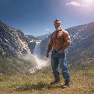 Make a man with gray-black hair and beard bodybuilder big arms a...