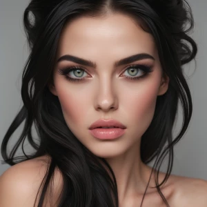 The person in the image is a woman with fair skin and a symmetri...